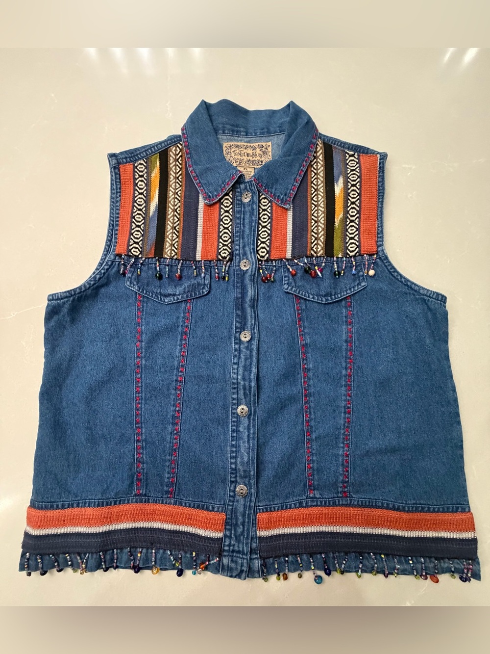 Vintage Southwestern Tantrum Blues Denim Beaded Vest w/ Multicolor Aztec Yoke PL